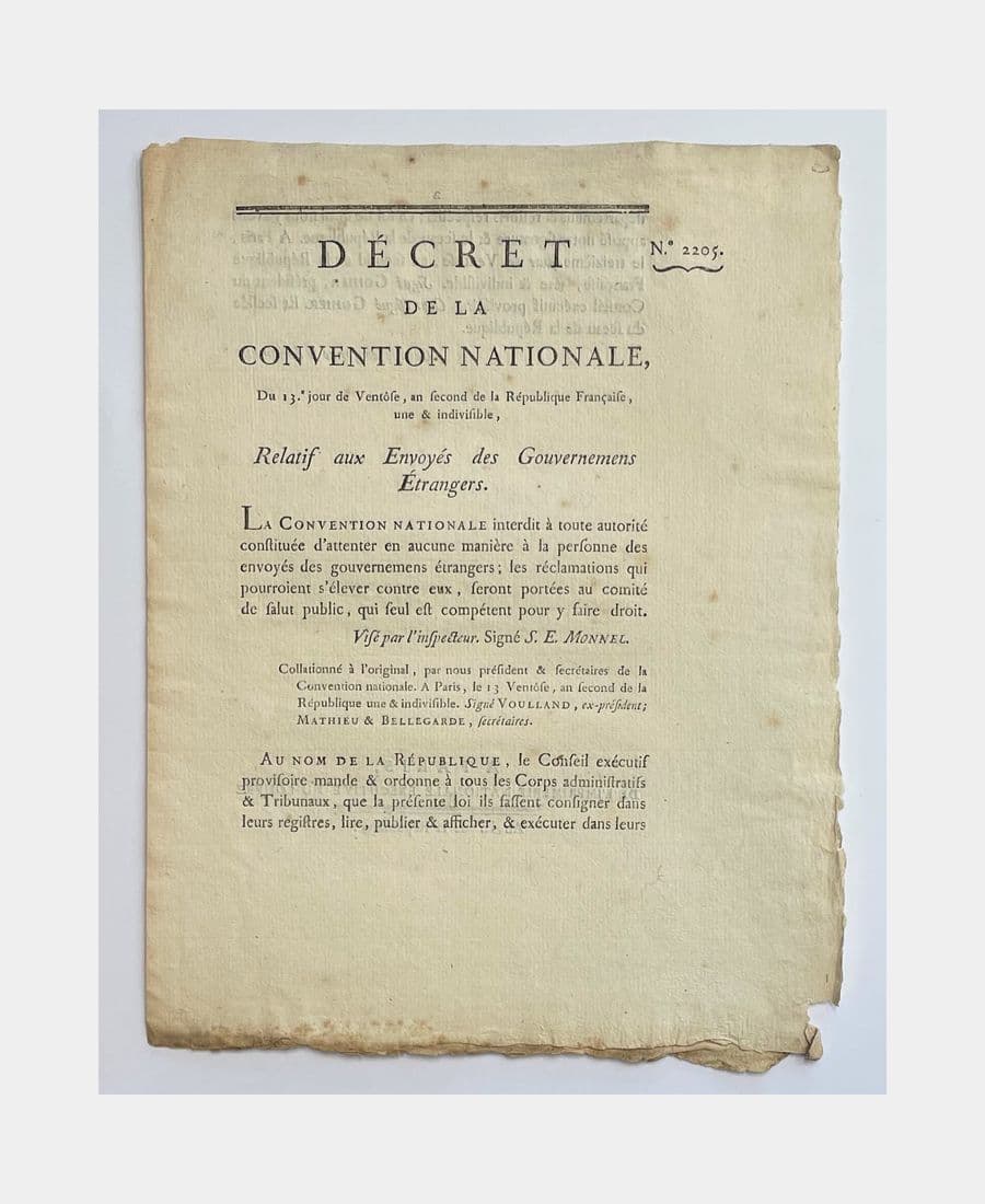 Décret de la Convention Nationale, du 13e jour de ventôse, an second de la République Française, une & indivisible, relatif aux envoyés des gouvernemens étranges.