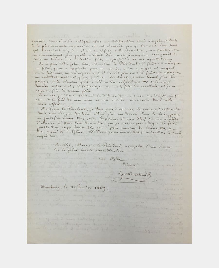 Lettre autographe du pasteur Hackenschmidt adressée au Président du Directoire de la Confession d'Augsbourg, Théodore Braun