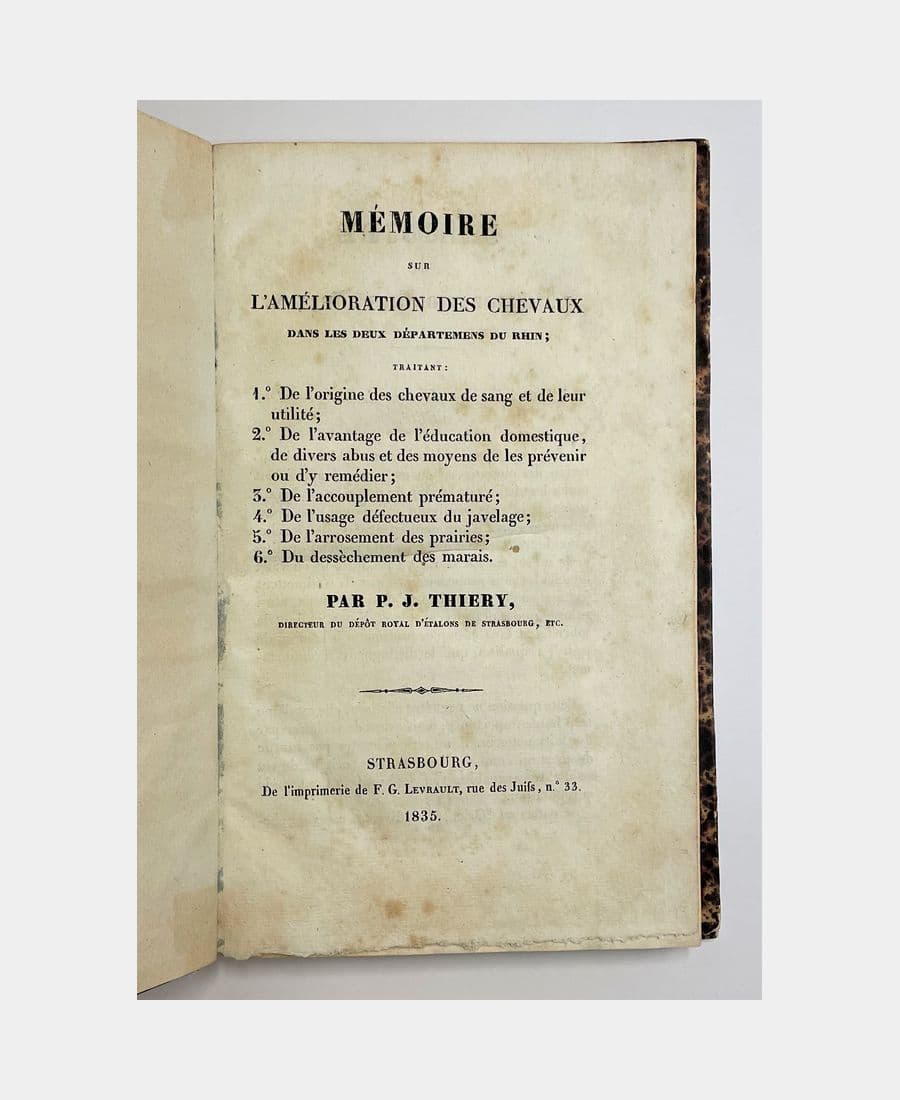 Mémoire sur l'amélioration des chevaux dans les deux départements du Rhin.