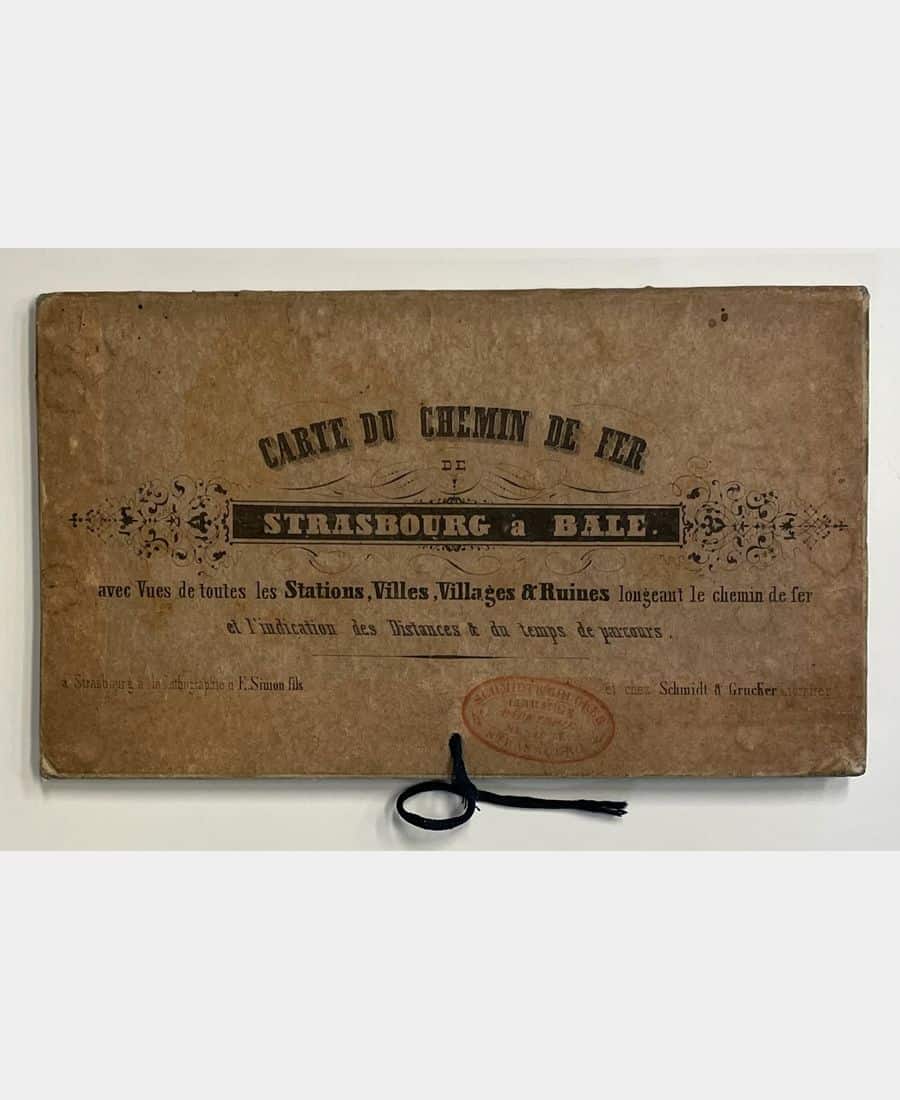 Carte du Chemin de Fer de Strasbourg à Bâle avec vues de toutes les stations, villes, villages et ruines longeant le chemin de fer